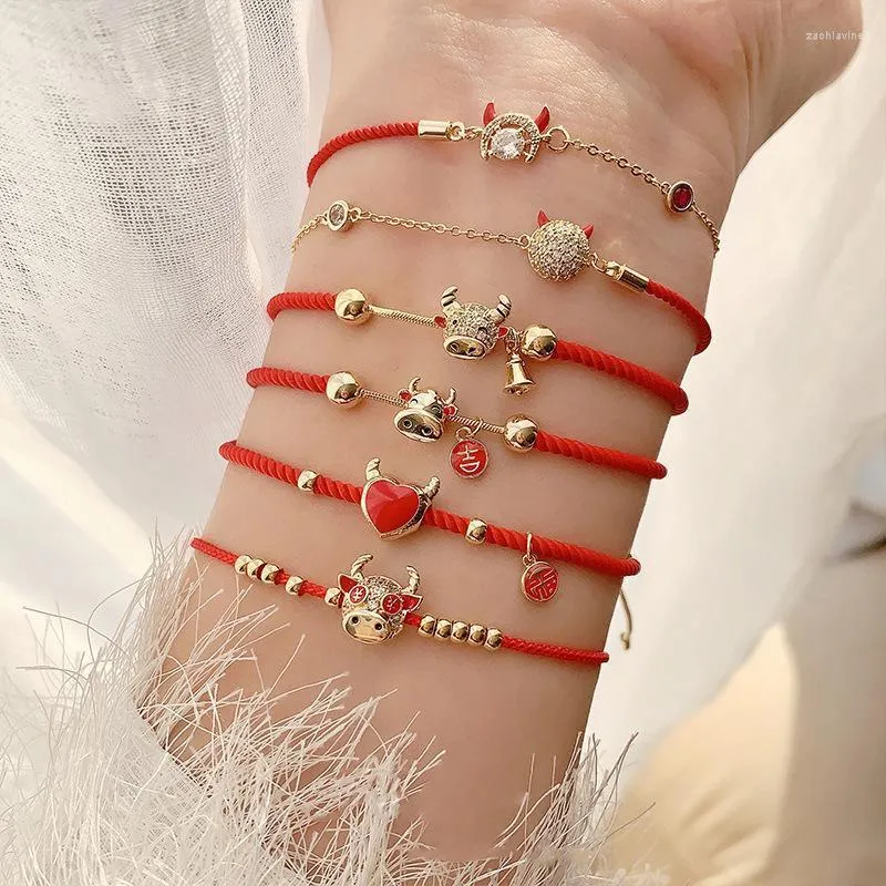 Link Bracelets Chain Cute Cow Pendant Couple Year Lucky Jewelry Friends Gifts Adjustable Red Charm Rope Beaded Women's Hand