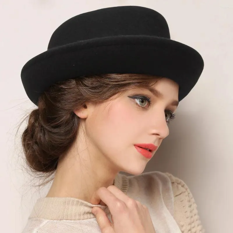 Baretten Wol Zwart Billycock Roll Rand Fedora Hoed Vrouwen Britse Concave-Convexe Top Designer Hoeden Dames Elegante Vilten Cap