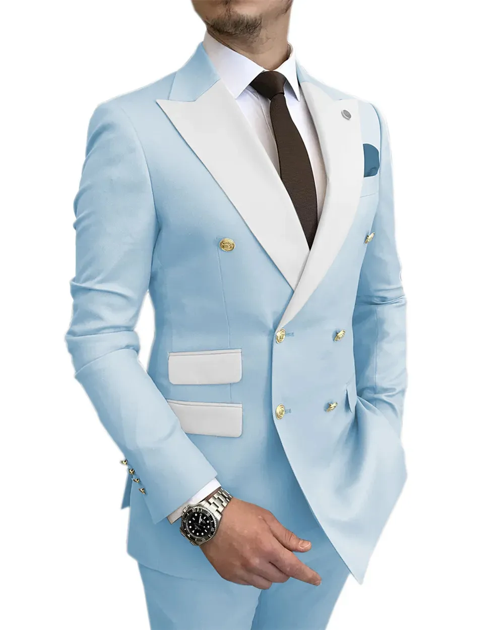 メンズスーツブレザーコスチューム注入hommes水色の喫煙ジャケットパンツゴールドボタンパーティータキシードドレスダブル胸肉の男性スーツ