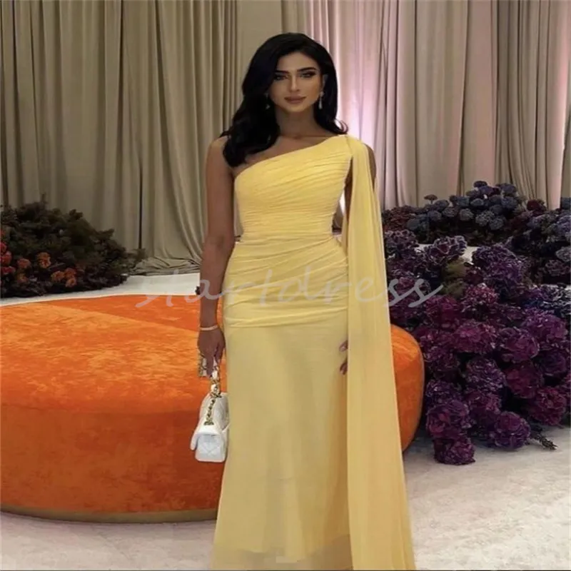 Fairytale Yellow Dubai Evening Dress 2024 With Wraps Flowly One Shoulder Floor Length Prom Dress Abaya Arabic Formal Party Gowns Beside Decent Dinner Birthday Dress