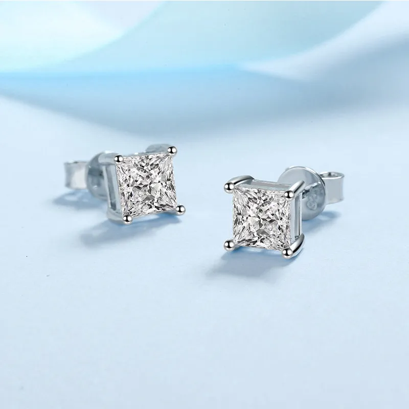 Stud Prenses Kesme 2CT Elmas Testi Geçti Rhodium Kaplama 925 Gümüş D ​​Renkli Çalışma Küpe Takı Çift Hediye 230410