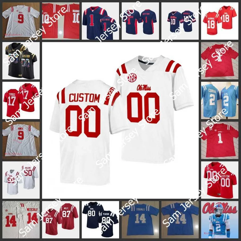 Maglia da calcio Ole Miss Rebels cucita su misura NCAA 10 maglie John Rhys Plumlee 16 MJ Daniels 73 Eli Acker 17 Jadon Jackson 37 Kyndrich Breedlove 86 maglie JJ Henry