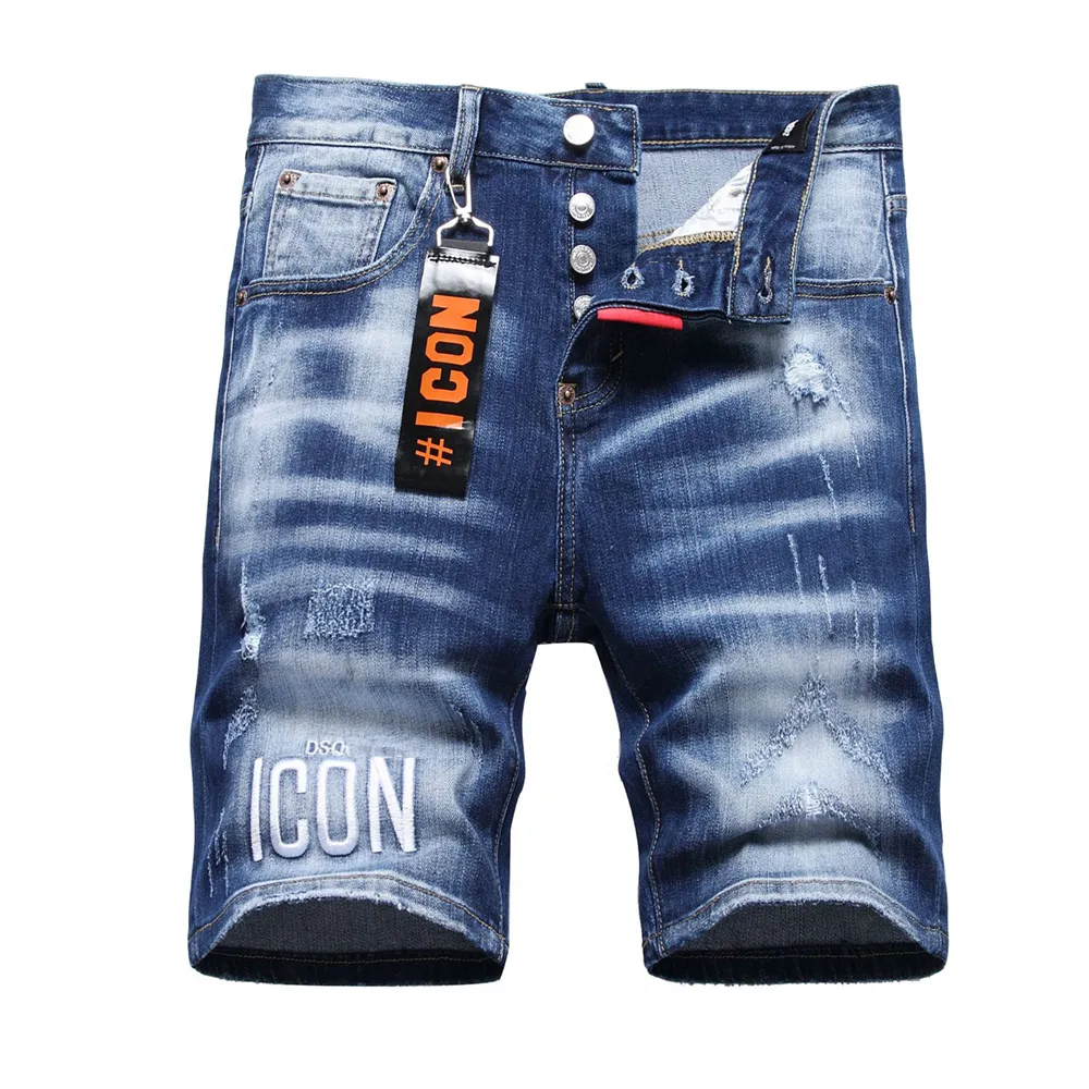 DSQ2 Men's Shorts Hip Hop Rock Moto Mens Design Ripped Distressed Denim Biker DSQ Summer Blue Cool Guy Jeans Short 1128