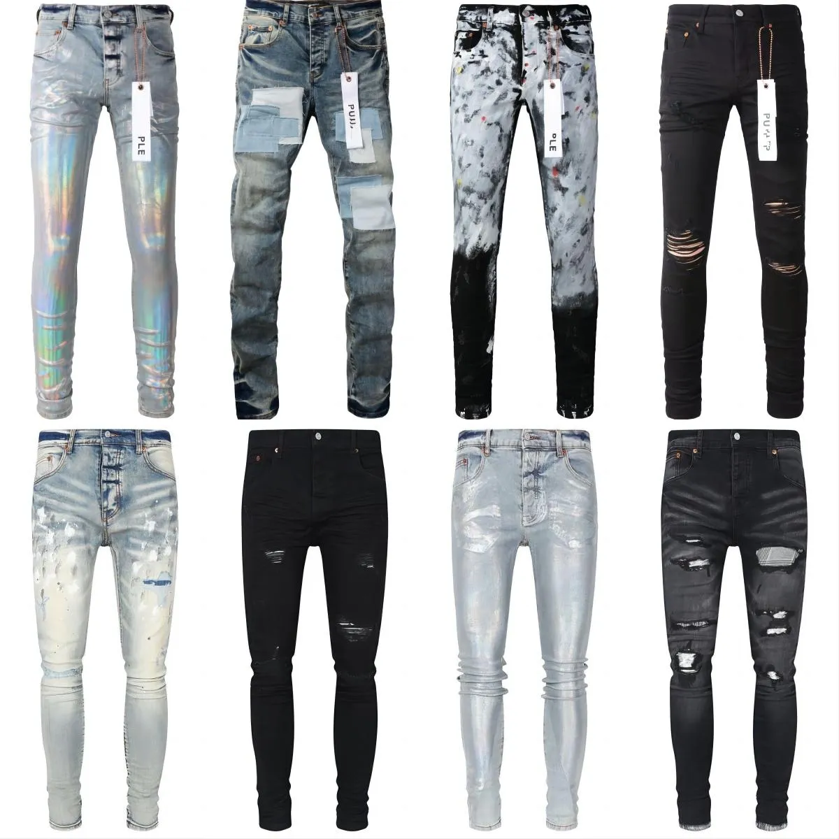 Jeans da uomo e da donna viola firmati pantaloni in denim pantaloni traforati tendenza hip-hop pantaloni con cerniera perforata in denim pantaloni a strappo lettera patch slim fit elastico jeans a gamba piccola az