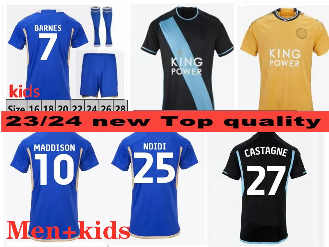 23 24 Leicester Soccer Jerseys Kit enfants BARNES Tielemans VARDY MADDISON IHEANACHO AYOZE NDIDI DAKA LOOKMAN City Home 2023 2024 Vardy Football Uniformes Hommes Kdis Kit