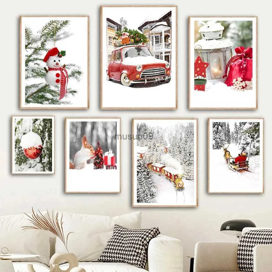 Peintures Paysage Image Toile Peinture Mur Art Hiver Santa Noël Cadeau Pin Rouge Voiture Or Train Affiche et Impression pour La Maison DecorL231111