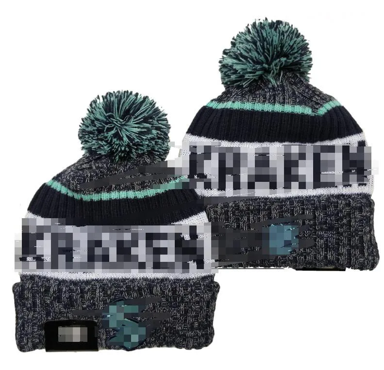 Herrmössor Kraken Beanies Seattle Beanie Hats Alla 32 lag stickade manschetterad pom randig sidelinje ull varm usa college sport stickad hockey cap för kvinnors A0