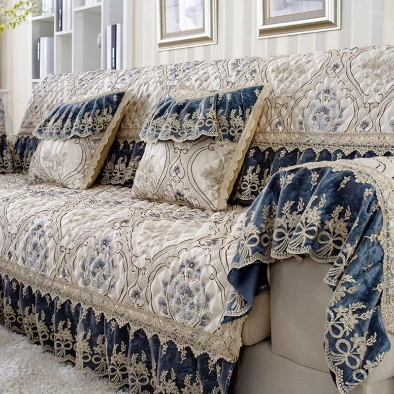 Chair Covers Blue Luxury Linen Cotton Sofa Cover Jacquard Lace Splicing Modular Slipcovers Non-slip Towel Pillow Case