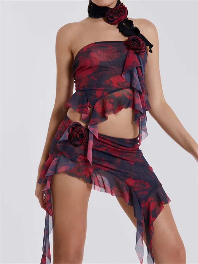 Dwuczęściowa sukienka Chronstyle 3D Flowatwork 2PC Siatka bez ramiączki z rurki rurki TOPS Zbiornik Low tali