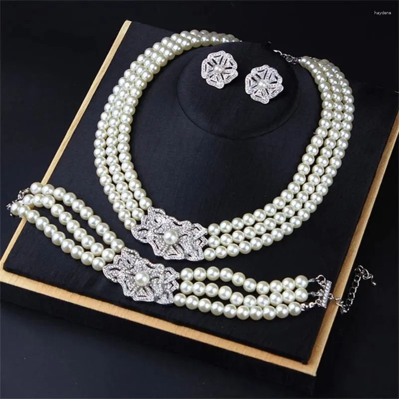 Collier boucles d'oreilles ensemble magnifique 3 couches perle blanche fleur collier bracelet boucle d'oreille bijoux de mariage femme élégant cadeau d'anniversaire de mariée