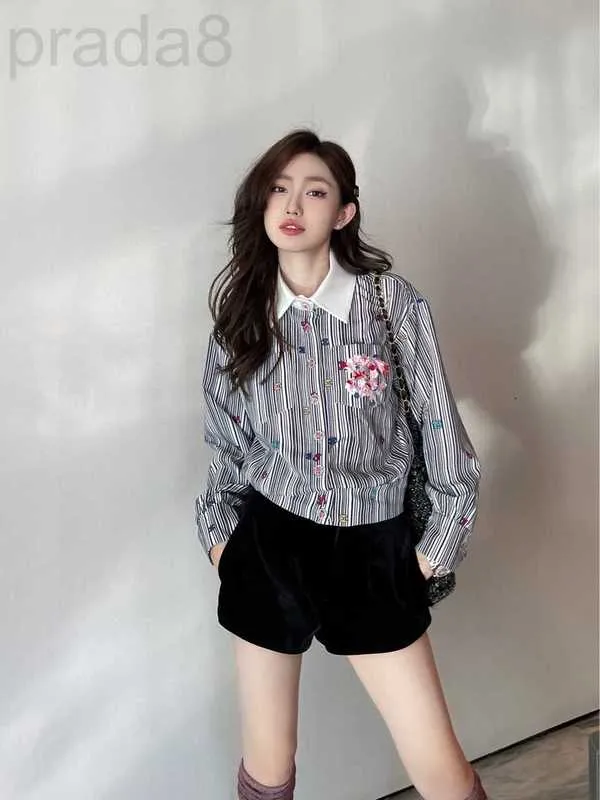 Women's Blouses & Shirts designer 2023 Early Spring New Product Handicraft Workshop Heavy Industry Stripe Long Sleeve Inkjet Printing Process Sewing Flowers 8GF4