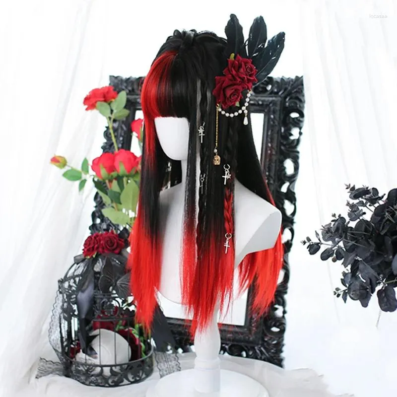 Party Supplies Y2k Gradient Black Red Wig Harajuku Long Straight Bangs Lolita Headwear Chic Girls Women Halloween Cosplay Gothic Witch