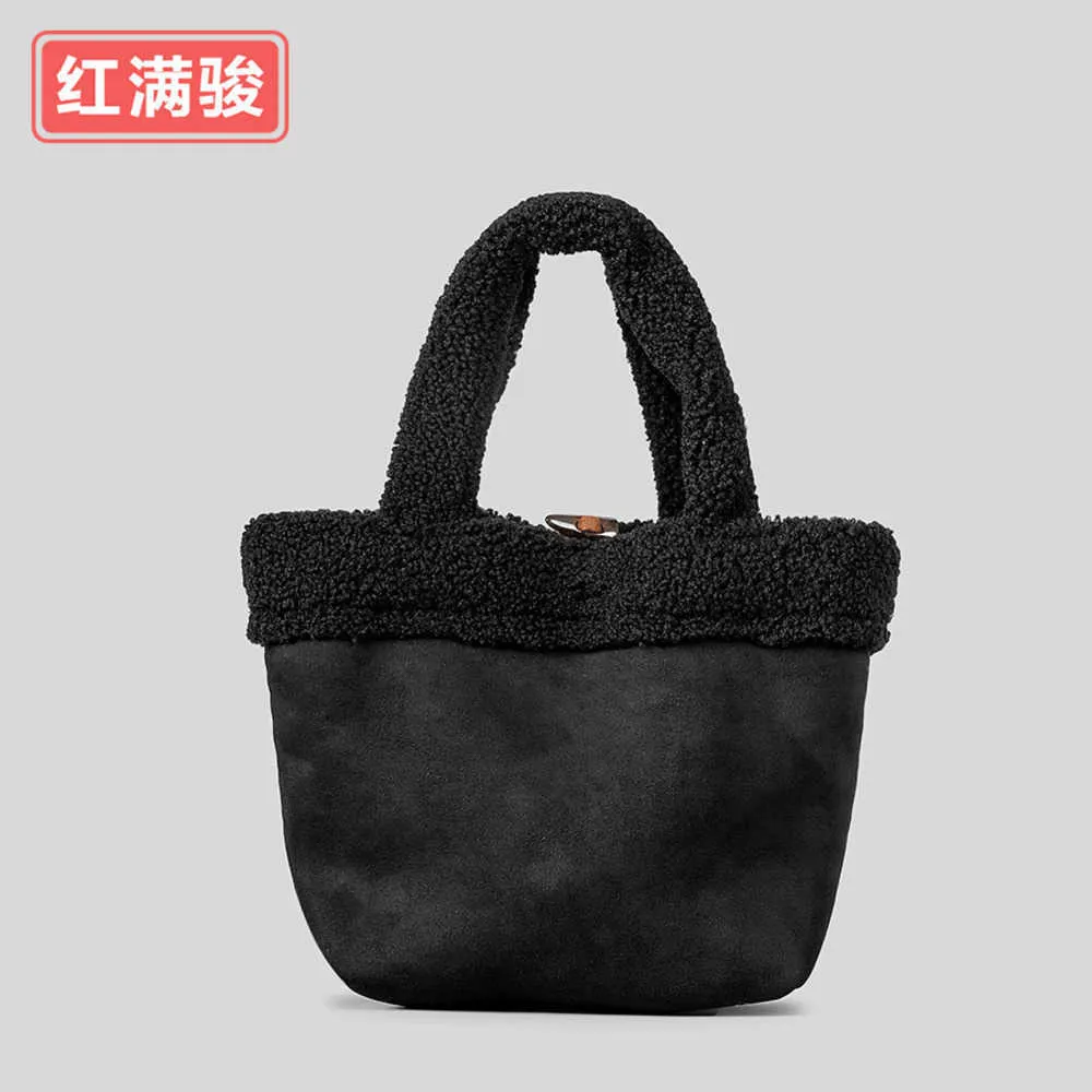 Borsa a mano con fibbia in corno di mucca su due lati in pelo di agnello autunno e inverno per borsa in pelle scamosciata con contrasto di colore di minoranza femminile Borsa in pelliccia carina