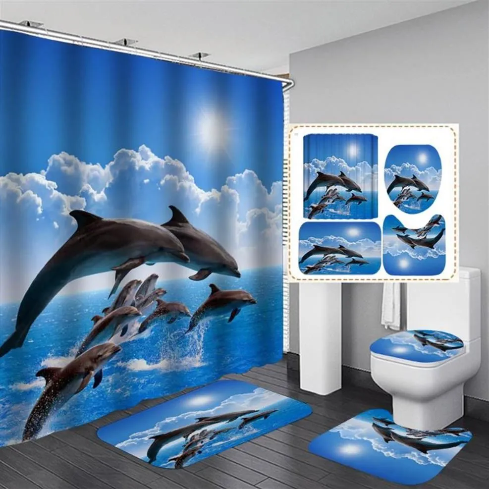 Cortinas de chuveiro 3d oceano design golfinho tecido impermeável cortina de banheiro conjunto azul anti-skid tapetes tampa de banheiro mat244c