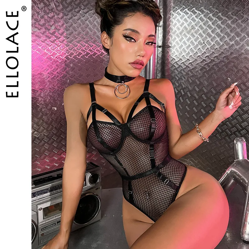 Сексуальный набор Ellolace Bodysuit Женщины прозрачные кружевные нижнее белье порно эротическое белье с открытой промежностной сеткой Teddy Night Club 230411