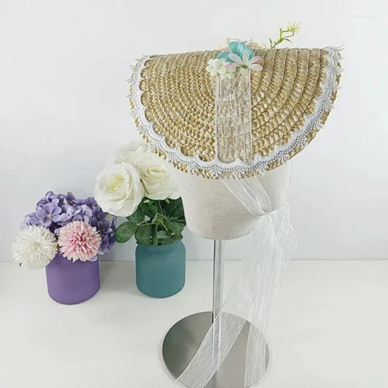 Boinas feitas à mão sunhat renda de renda decorada em estilo pastoral tea festa para garotas femininas, senhorita chapéu plano com fita