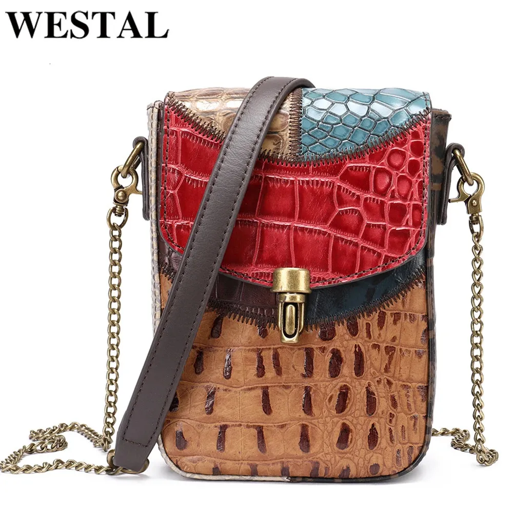 Torby wieczorowe Westal Mini Crossbody z paskiem łańcuchowym małe damskie torby na ramię oryginalny skórzany telefon wielokolorowy 7674 Kolorful 231110