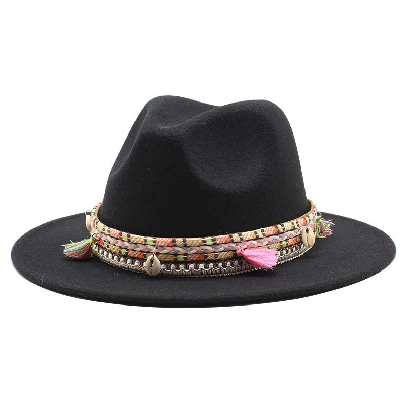 Szerokie brzegowe czapki wiadra Hats Fashion Fall Winter Wide Brim Fedora kapelusz kobiety z paskiem Panama Jazz Cap Trilby Feel Vintage Hats Chapeau Feutre Homme 230410