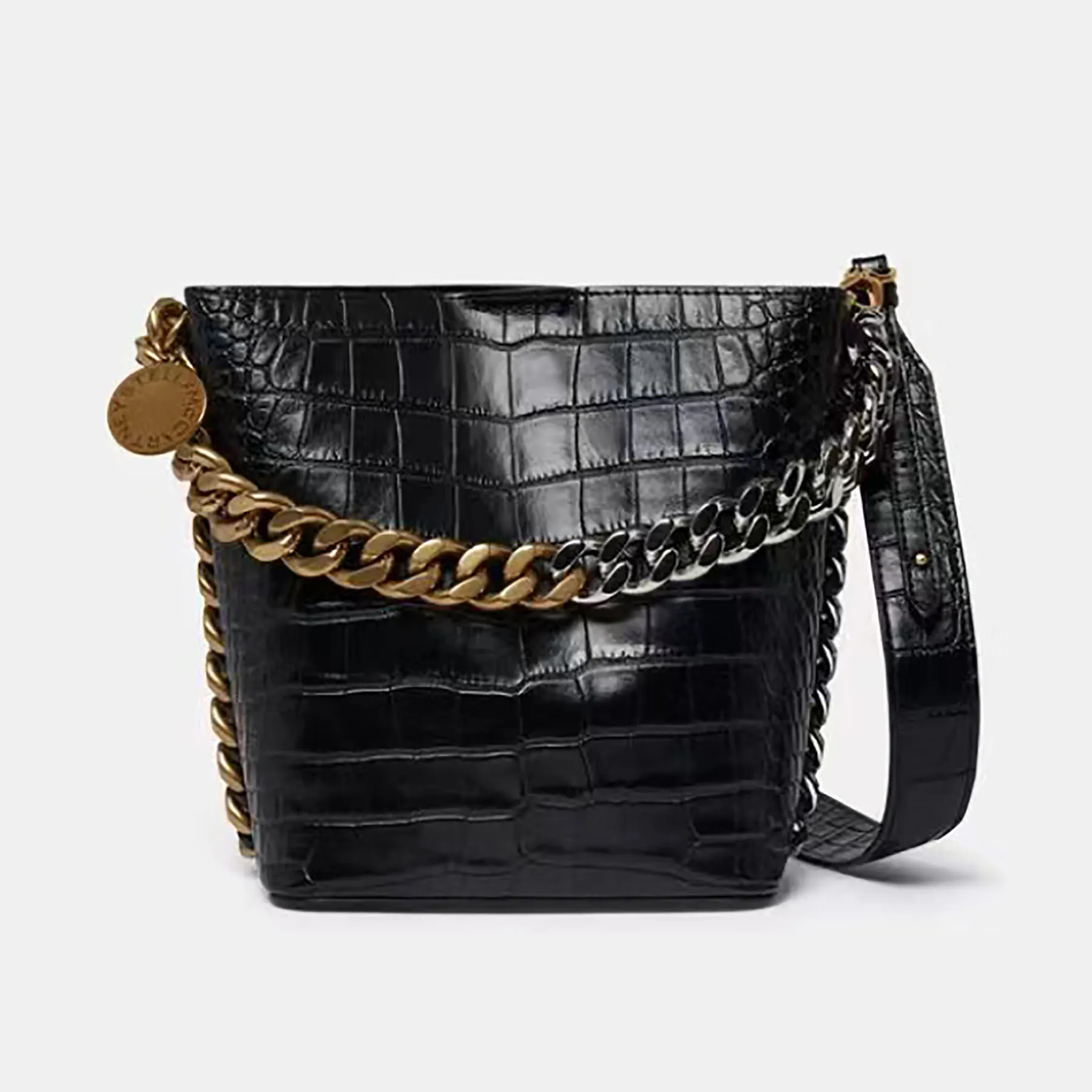 Stella Mccartney Sac Frayme croco eeffect seau en relief Sac à bandoulière Femme Métallisé Noir Classique Bandoulière Fourre-tout Sacs à main de luxe Designer Portefeuille