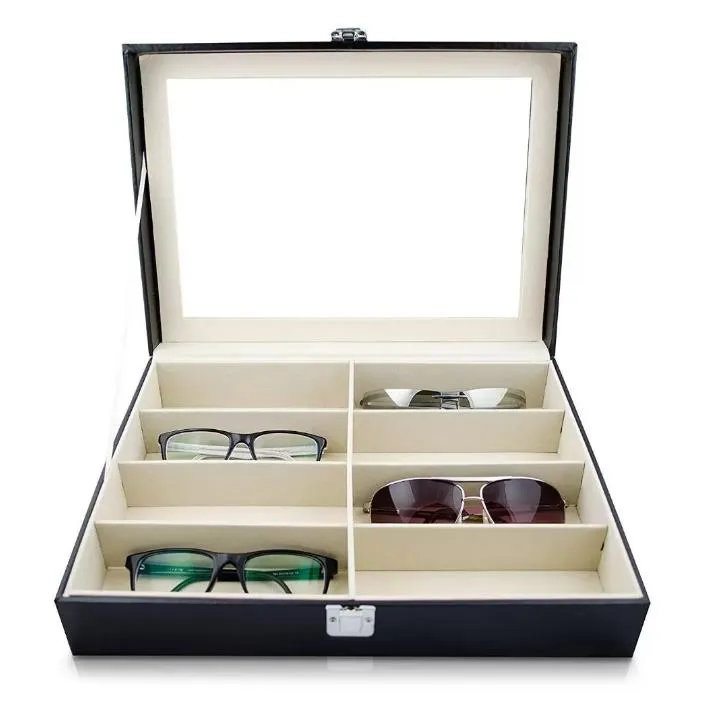 Nouvelle boîte de rangement de lunettes de soleil de lunettes avec fenêtre Imitation cuir lunettes vitrine de stockage organisateur collecteur 8 fentes