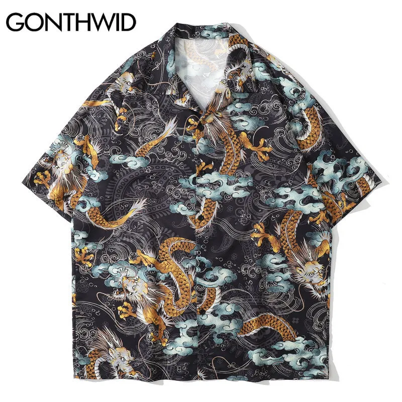 Camisas casuais masculinas Gonthwid Hawaiian Shirts Harajuku Chinês Dragon Beach Camisa Streetwear Hip Hop Casual Holiday Tropical Manga curta Tops 230410