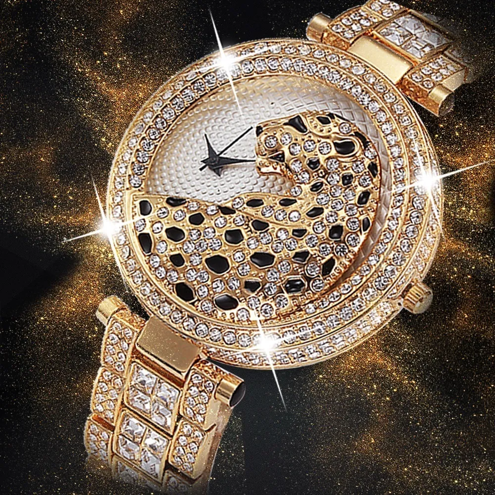 Dameshorloges Mis Quartz Fashion Bling Casual Ladies Vrouwelijk Gold Crystal Diamond Leopard For Women Clock 230410