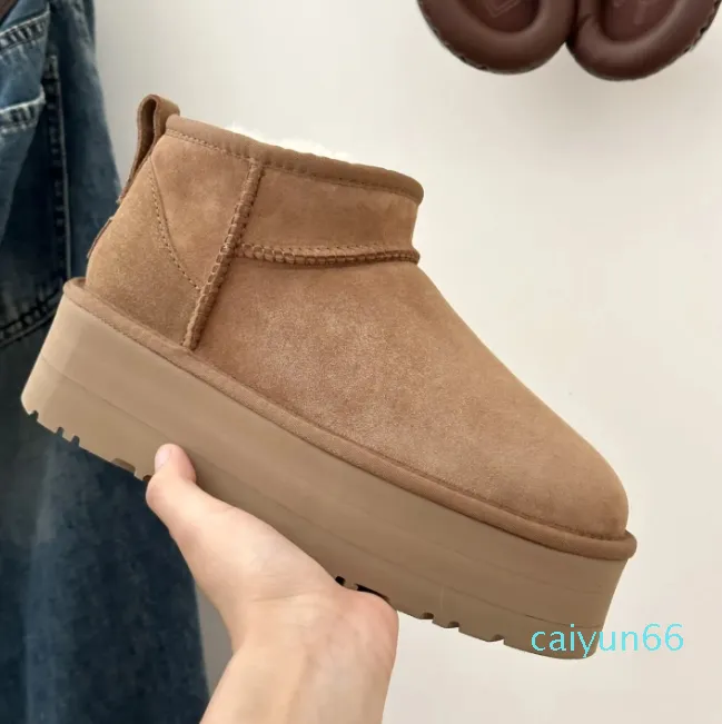 Botas de fundo grosso castanha ultra mini inverno tornozelo bota de pele de carneiro botas de lã de corte baixo sapatos de plataforma quente chinelos