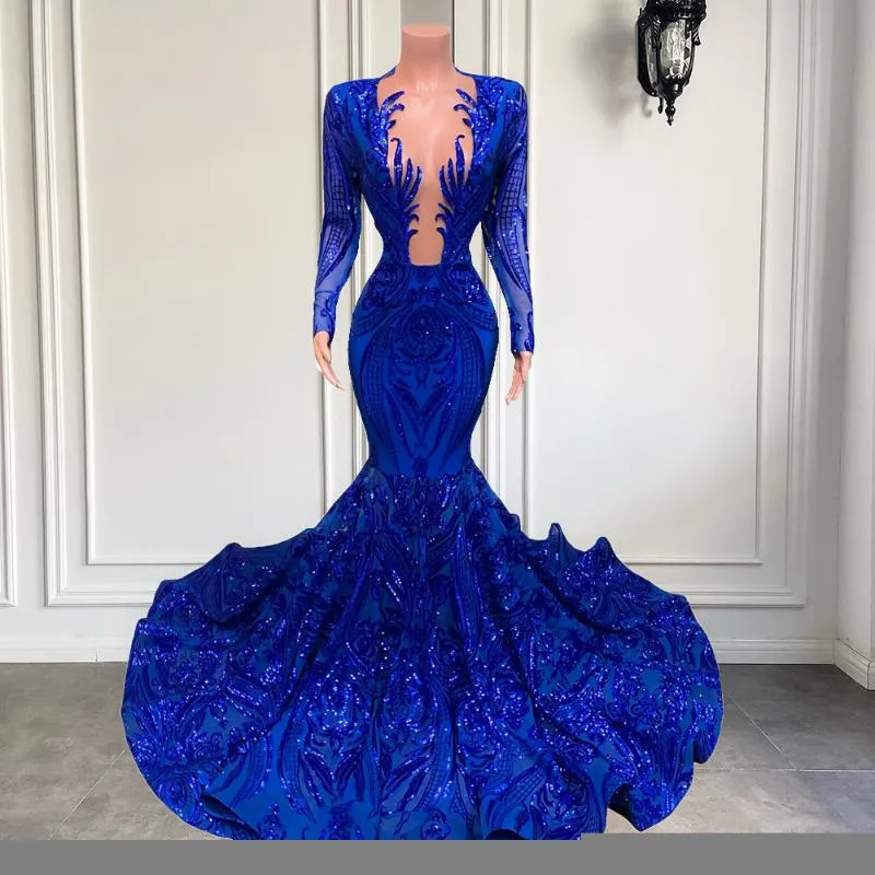 Party Dresses Long Elegant Prom 2023 Sleeve Sheer O-neck Mermaid Style Royal Blue Sequin African Black Girls GownsParty