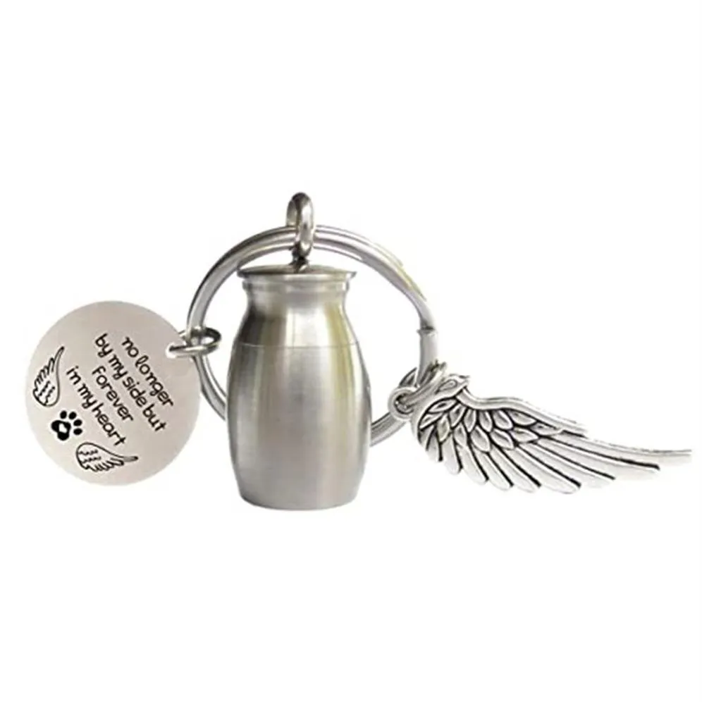 Mini Key Rings Cremation Urn KeyChain med vinge och runda taggar för Memorial Ashes Holder Keepsake Dog Cat Pets Human Jewelry Gift 314i