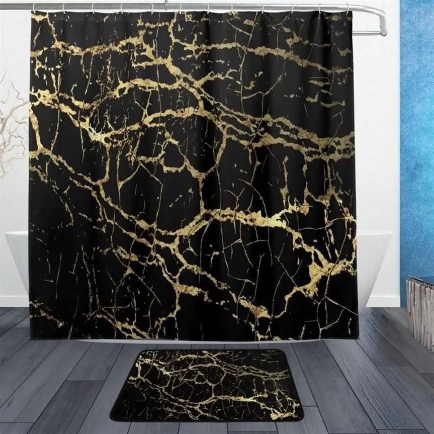 Stylish Gold Black Marble Waterproof Polyester Shower Gardin Cardins227U