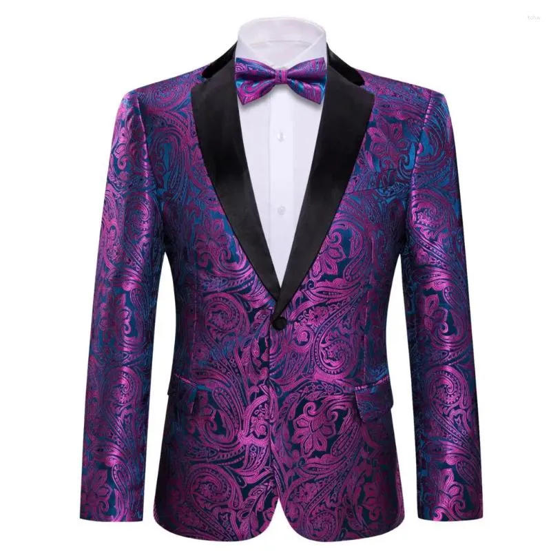 Ternos masculinos de luxo para homens roxo paisley seda blazer bowtie conjunto fino ajuste masculino casaco jaqueta casamento noivo vestido barry.wang