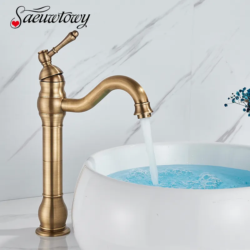 Bathroom Sink Faucets Brass Antique Deck Mounted Basin Cold Mixer Crane Water Column High Short Style 230410