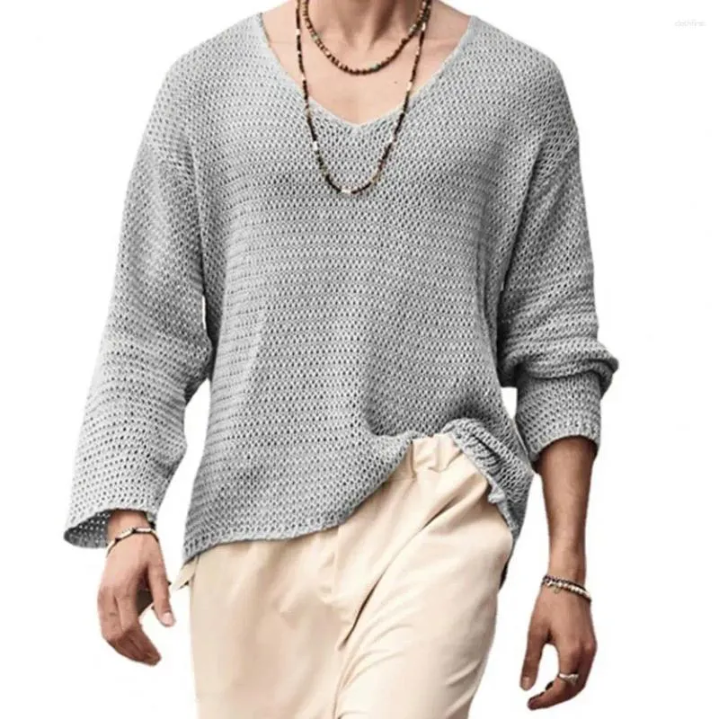 Men's Sweaters Lightweight Men Sweater V-neck Pullover Solid Color Knitwear For Spring Autumn Long Sleeve Hollow Out Top