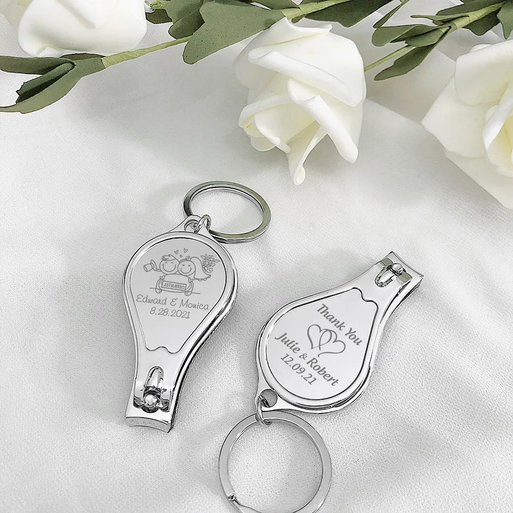 Party Favor 20pcs Faveurs de mariage personnalisées Porte-clés personnalisé Coupe-ongles Ouvre-bouteille Souvenir Porte-clés Cadeau pour les invités 230410