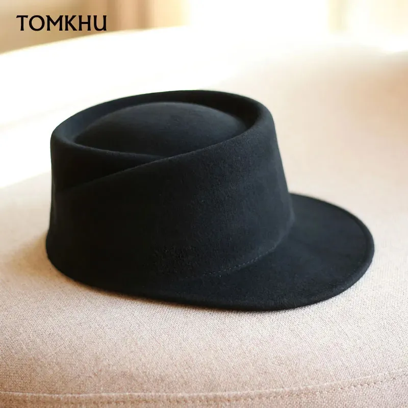 Breda randen hattar hink vinter fedora hatt för kvinnor koreansk platt topp marin ull brittisk casual svart grå khaki hästmode hög kvalitet 231110