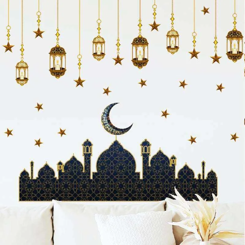 Nieuwe items Eid Mubarak Wall Stickers Achtergrond Ramadan Kareem Decoratie voor thuisraam Sticker Sticker Islam Muslim Party Eid Alfitr Gift Z0411