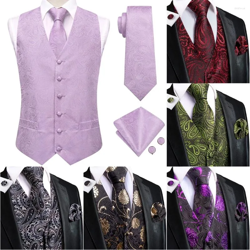 Coletes masculinos Hi-Tie Paisley Silk Light Roxo Jacquard Lenço Abotoaduras Gravata Sem Mangas Wistcoat Define Casamento Negócio