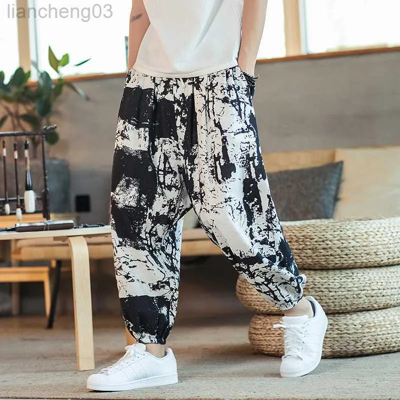 Męskie spodnie męskie spodnie haremowe joggery drukowane sznurka z kroku spustom mężczyźni 2020 jesienne luźne streetwearne bawełniane lniane spodnie W0411