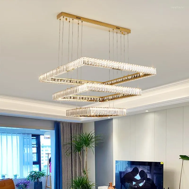 Lampes suspendues Lustres De Luxe Lustre Cristal Led Lampe Moderne Carré En Acier Chromé Suspension LampLiving Room Suspendre Luminaires