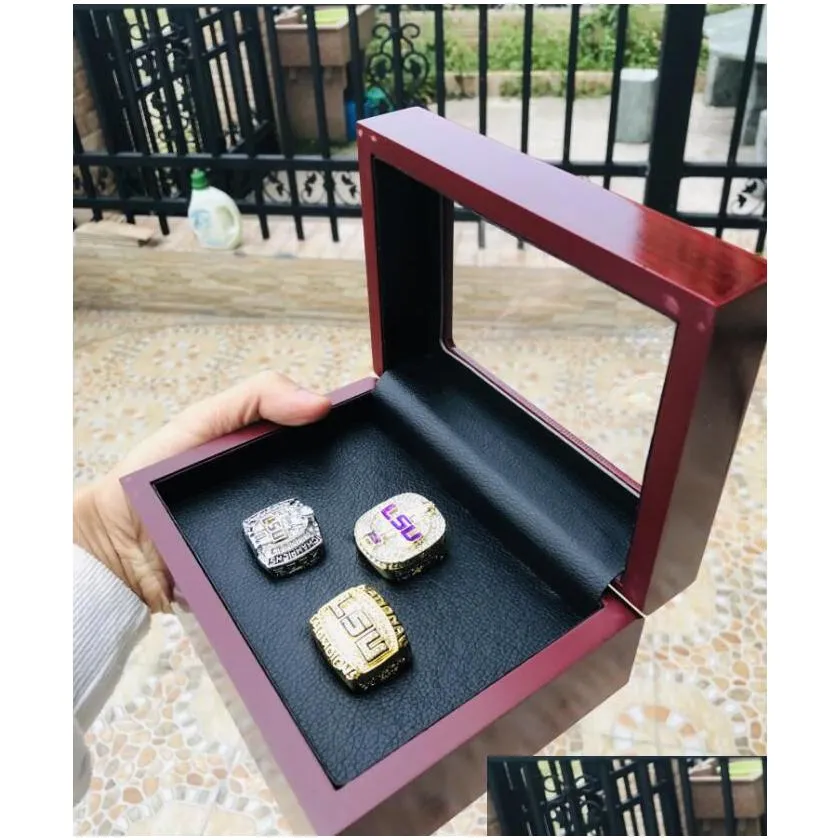 lsu 3pcs 2003 2007 2018 tigers nationals team champions championship ring with wooden box souvenir men fan gift 2019 2020 wholesal