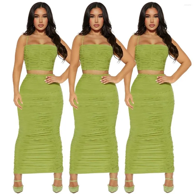 Vestidos de trabalho, verde de verão verde fresco Mulheres de espaguete de espaguete duas peças define slash pescop cubas de colheita de pregas sólidas simples e sexy de cintura alta saia corporal