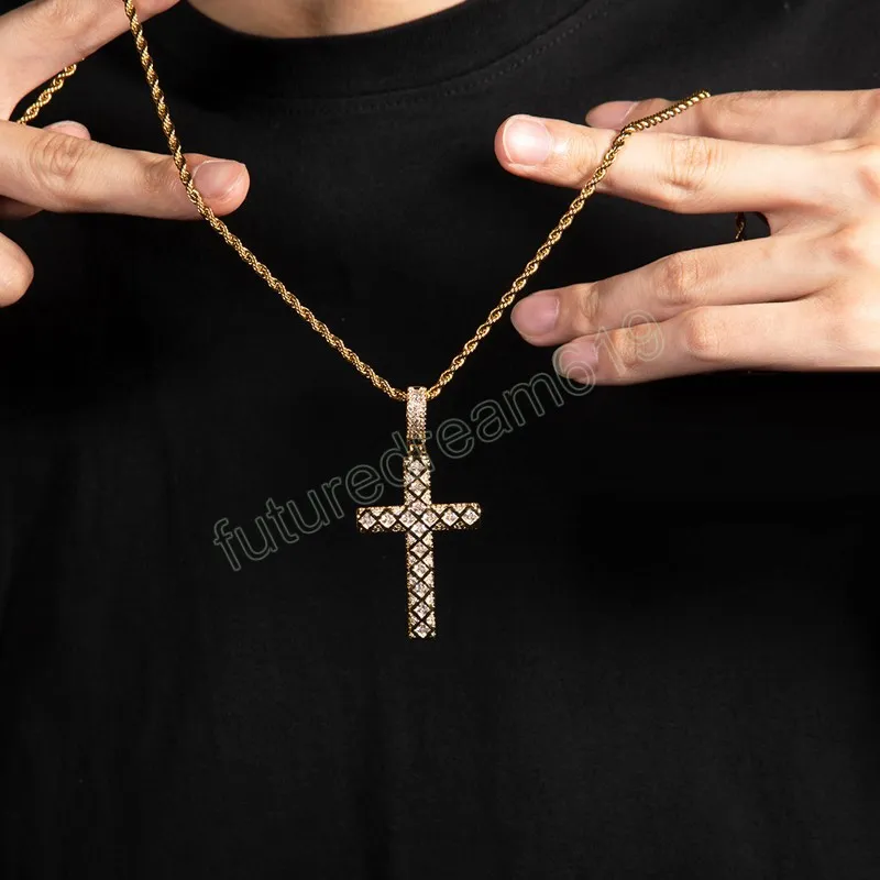 Collar con colgante de cruz de Hip Hop, joyería religiosa ostentosa, Zirconia cúbica completa, regalo para hombres y mujeres