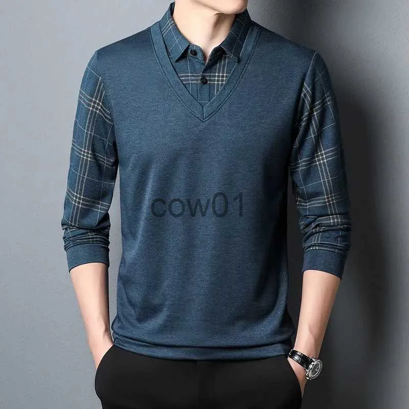Men's T-Shirts Spring and Autumn Men's Pullover Collar Button Plaid Panel Contrast Color Long Sleeve T-shirt Polo Bottom Fashion Formal Tops J231111
