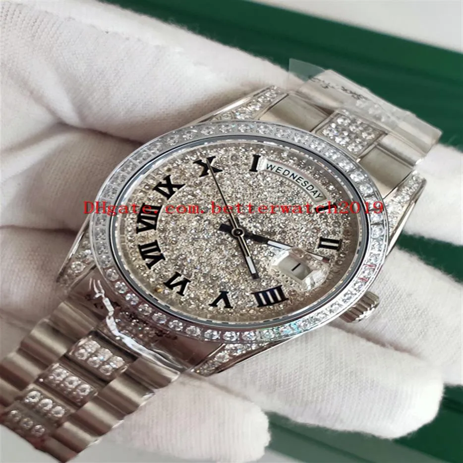 Vendi orologi moda unisex 36 mm 118346 Day Date President Roman Dial Asia Automatico meccanico unisex platino diamante Bezel2190