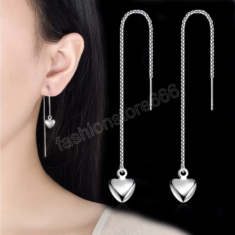 Boucles d'oreilles longues à pampilles pour femmes, ligne d'oreille en forme de cœur d'amour, liens de couleur argent, mode coréenne pour filles, boucles d'oreilles en métal