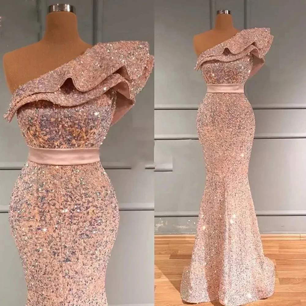 2024 Sparkle Sequins Mermaid Prom Dress Long Women One-Shoulder Sleeveless Evening Formal Party Gowns Robe De Soiree