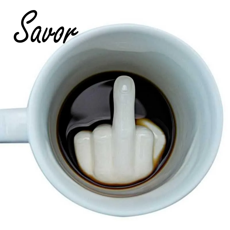 Muggar Creative Design White Malse Finger Mug Novelty Style Mixing Coffee Milk Cup Funny Ceramic Mug 300 ml Capacity Water 230411