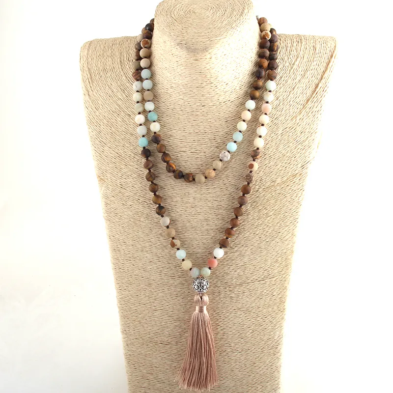 Chokers Fashion Women Lariat Bohemian Tribal Jewelry 108 Beads Necklace 8MM Natural Stone Tassel Yoga Necklaces 230410