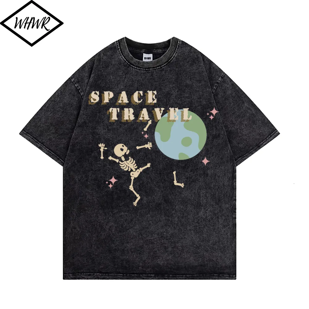 Men's T-Shirts Retro Streetwear Men T Shirt Skull Skeleton Letter Planet Printed Wash T-shirts Summer Harajuku Hip Hop Tees Y2K Clothes 230411