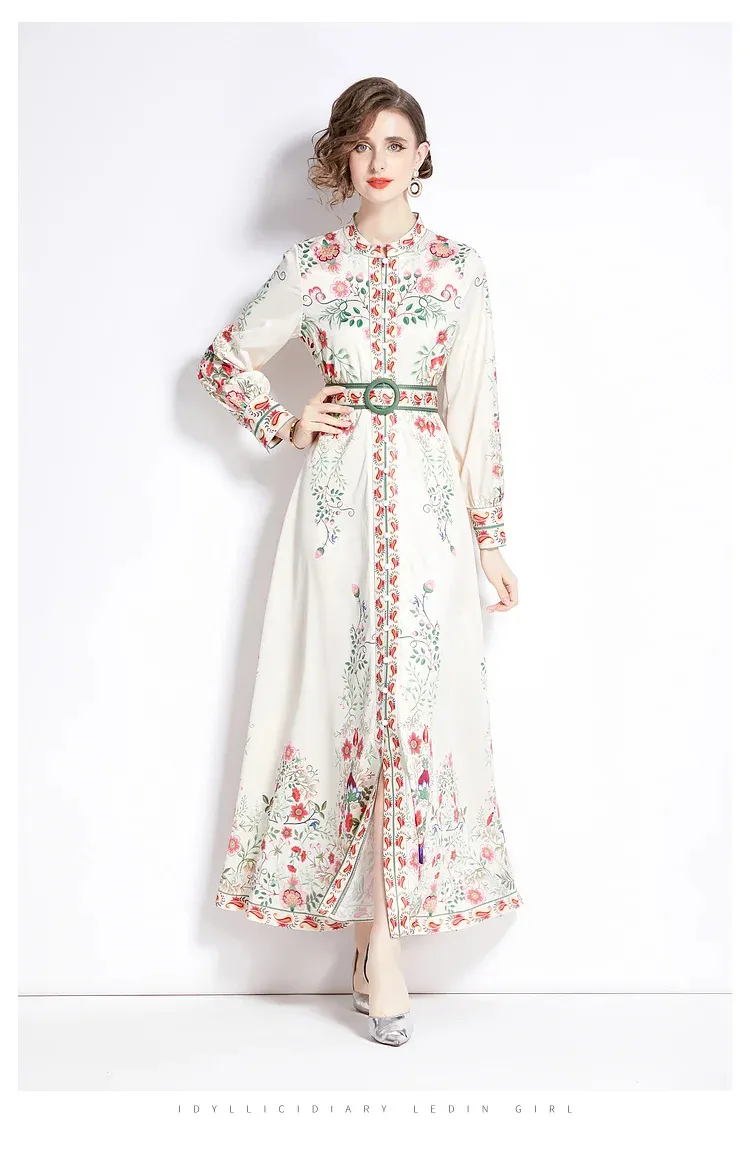 Basic Casual Dresses 2024 Spring Autumn Runway Women's Stand Collar Long Lantern Sleeve Floral Print Single Breasted Belt Holiday Boho Maxi Robes